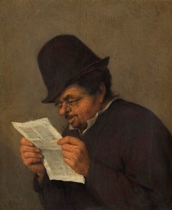 Gammal bonde som läser en tidning, ca 1647 (olja på ek) av Adriaen Jansz. van school of Ostade