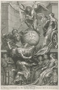 Allegorisk titelsida med nedslagen Envy Titelsida för: C. Hazart, Kerckelycke historie, 1669