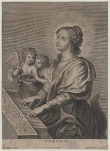 Sankta Cecilia spelar orgel med två putti till vänster, ca. 1654-77.