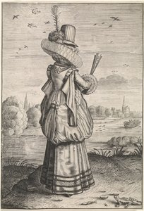 Adelskvinnor och landsmäns kläder och uppförande Elegant dam från hagedis Kleding och omgivning av Nederlandse adellijke dames en boerinnen (serietitel) De ädla och rostiga matronernas beteende och dyrkan av Adriaen Matham (possibly)