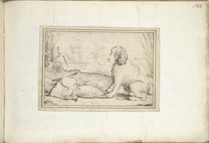 Hund bredvid jaktutrustning och byte i landskapet av Adriaen Matham (signed by artist)