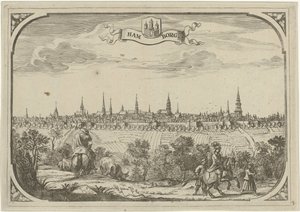 Utsikt över staden Hamburg av Adriaen Oudendijck