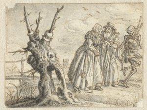 Äldre man och kvinna som villigt följer döden och spelar säckpipa av Adriaen Pietersz van de Venne