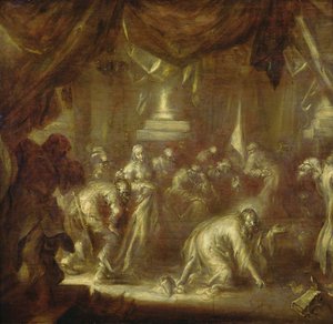 Jesus och äktenskapsbrytaren (grisaille på trä) av Adriaen Pietersz van de Venne