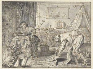 Man som städar golvet medan hans fru sitter vid härden av Adriaen Pietersz van de Venne