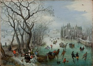 Vinterlandskap med skridskoåkare nära ett slott, 1615
