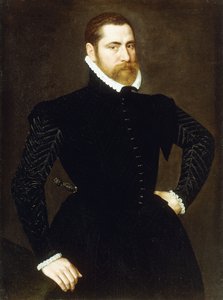Porträtt av en gentleman, trekvartslängd, iklädd en svart kostym med vit ruff, 1564