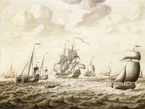 En holländsk krigsman som avfyrar en salut - en Penschilderij,