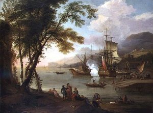 En capriccio av en medelhavshamn med sjöfart, köpmän och hamnar