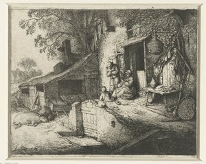 Spinnande kvinna framför ett hus Den snurrande kvinnan vid dörren av Adriaen van Ostade (signed by artist)