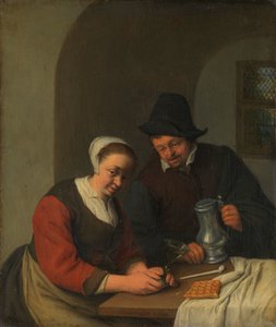 En konfidentiell chatt Ett par i en interiör av Adriaen van Ostade