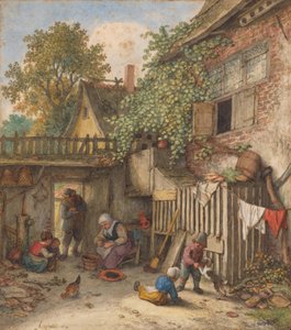 En innergård där en kvinna rensar musslor