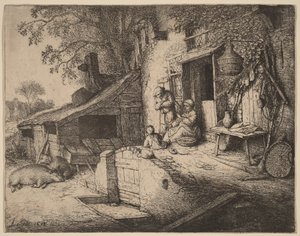 Gård med en bondfamilj utanför ytterdörren, kvinnan spinner av Adriaen van Ostade