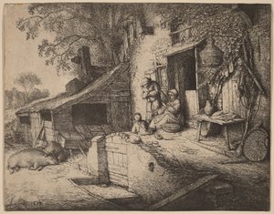 Gård med en bondefamilj utanför ytterdörren, kvinnan spinner av Adriaen van Ostade