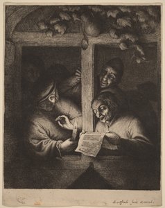 Fyra män vid ett fönster, en läser från ett blad i stearinljus av Adriaen van Ostade