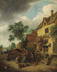 Tyska: Bauern beim Torfabladen Bybor som bär in torv i ett hus av Adriaen van Ostade
