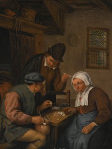 Interiör med bönder som spelar kort av Adriaen van Ostade