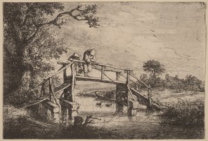 Landskap med en bro och två fiskare av Adriaen van Ostade