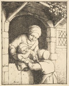 Liten flicka som leker med en bebis i sin mors armar, 1610-85.
