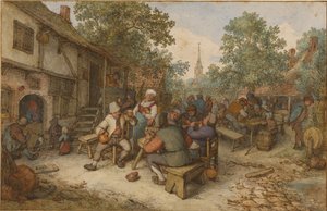 Bondefest på en gata i en stad av Adriaen van Ostade