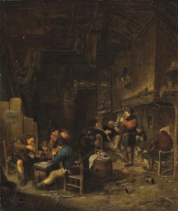 Tavernainredning med bönder som spelar kort, röker och dricker