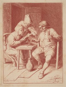 Två sångare och en fiolspelare i ett rum av Adriaen van Ostade