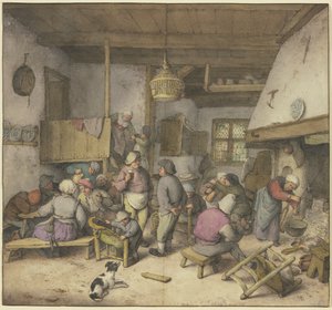 En kroginteriör med bönder som röker, dricker och smeker varandra