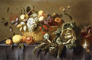 En fruktkorg på ett draperat bord, c.1635