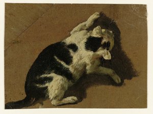 Katt som leker nära en vägg av Adriaen van de Velde (attributed to)