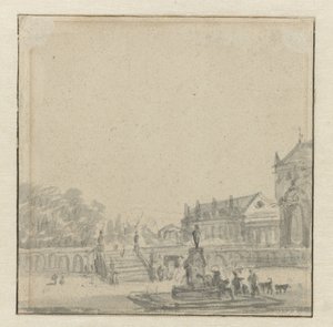 Förgården till ett palats med en fontän av Adriaen van de Velde (possibly)