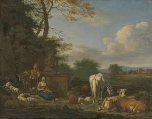Arkadiskt landskap med vilande herdar och djur, 1664 (olja på duk på panel) av Adriaen van de Velde