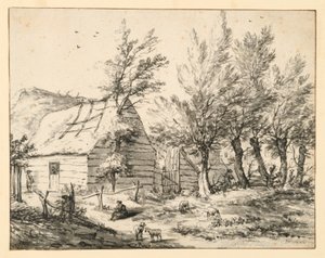 Bondgård bakom en rad hamlade pilar av Adriaen van de Velde