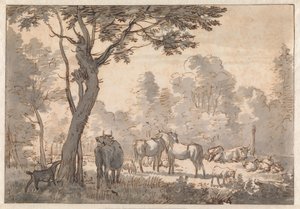 Trädbevuxet landskap med hästar, kor och getter av Adriaen van de Velde