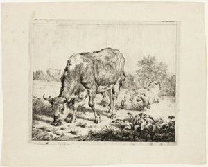 Tjurbete och tre får av Adriaen van de Velde