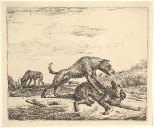 Kamphundar, från olika djur, 1657. av Adriaen van de Velde