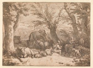 Landskap med herde, herdinna och boskap av Adriaen van de Velde