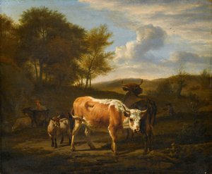 Bergigt landskap med kor av Adriaen van de Velde