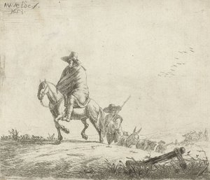 Ryttare och herde med boskap på en grusväg, 1653