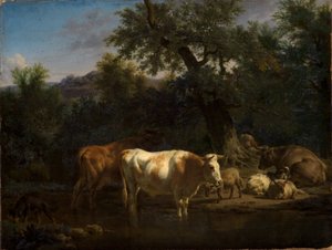 Boskap och får vid skogsvatten av Adriaen van de Velde