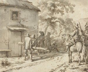 Soldater tvingar fram en dörr, 1669 (penna- och bläckritning) av Adriaen van de Velde