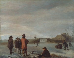 Vinterscen med en grupp golfare på en frusen flod, ca 1654-72 (olja på panel) av Adriaen van de Velde