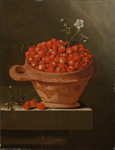 Stilleben med jordgubbar i en lerkruka, 1704 av Adrian Coorte