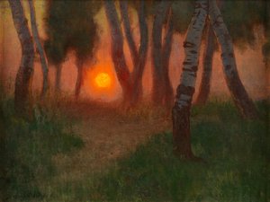 Solnedgång i ett skogslandskap (olja på panel) av Adrian Scott Stokes