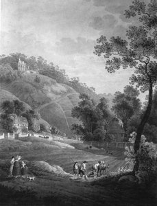 Utsikt mot slottet Pillnitz med trädgården och den konstgjorda ruinen, omkring 1792