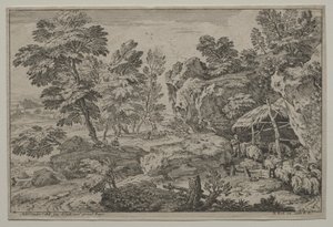 Landskap med herdar och två flockar av Adrian van der Cabel