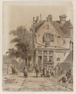 Utsikt över en bro över Baangracht i Amsterdam, med matförsäljare Baangracht (titel på objekt)