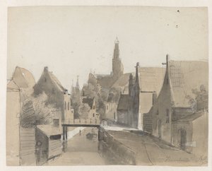 Vy över en kanal i Haarlem, i bakgrunden St. Bavo Haarlem (titel på objekt)