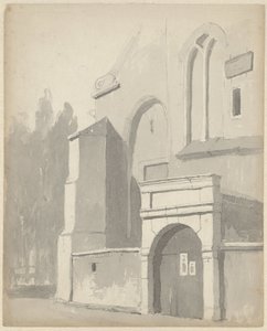 Vy över en ingångsport till en kyrka av Adrianus Eversen