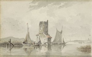 Flodlandskap med ett torn av Adrianus Eversen