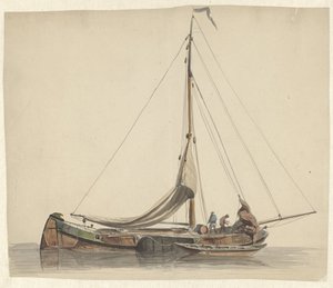 Två män som arbetar på en platt botten med sänkta segel